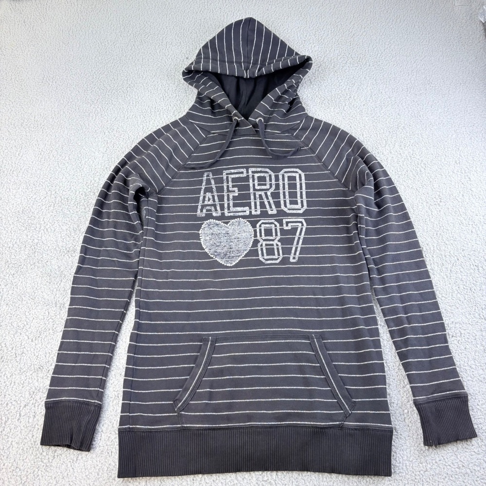 Aeropostale Striped Hoodie Womens M Gray Silver Glitter Heart Y2K Raglan Logo